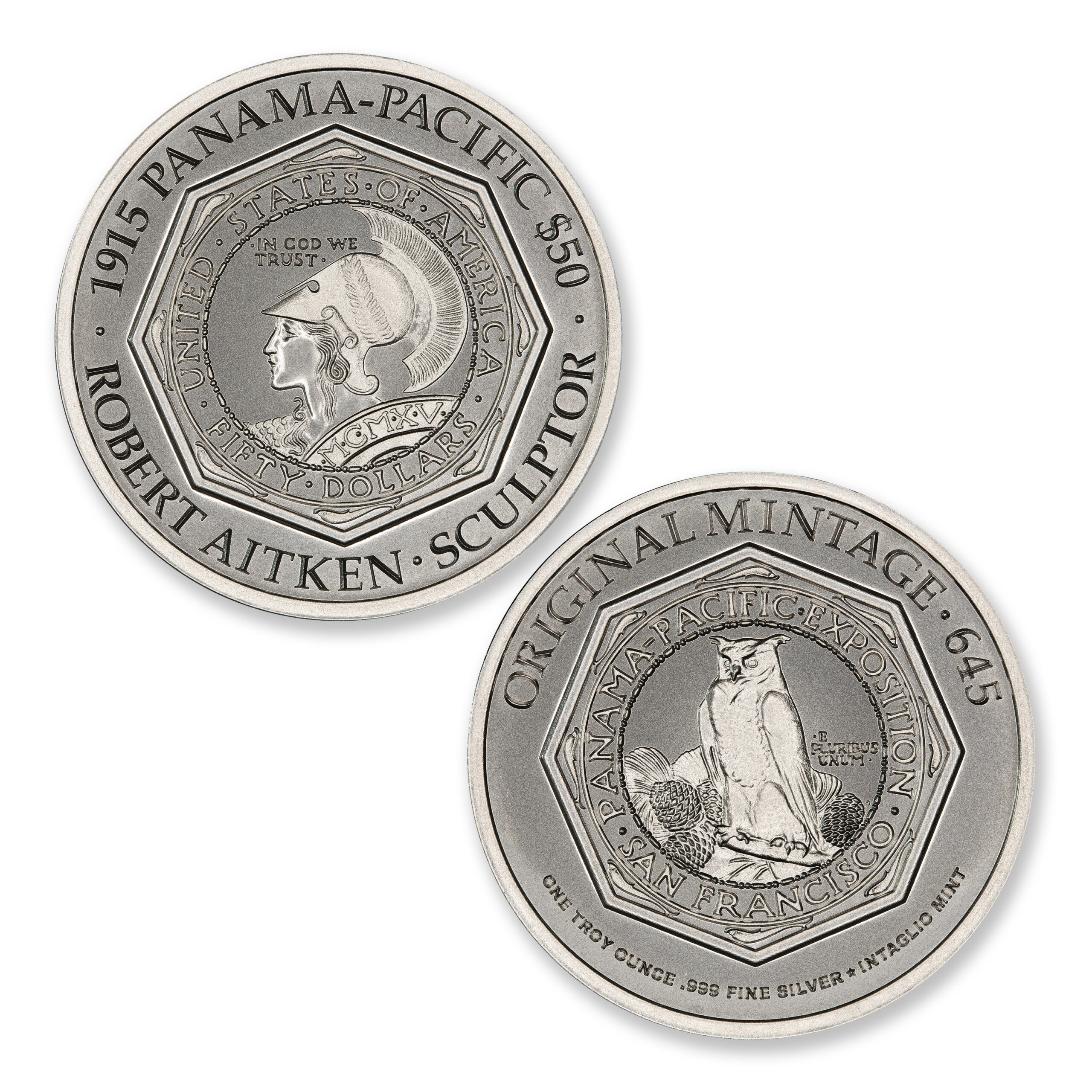 ICONS OF COINAGE SERIES – 1915 PANAMA-PACIFIC $50 OCTAGONAL TRIBUTE – 1 TROY OUNCE .999 FINE SILVER – 39MM