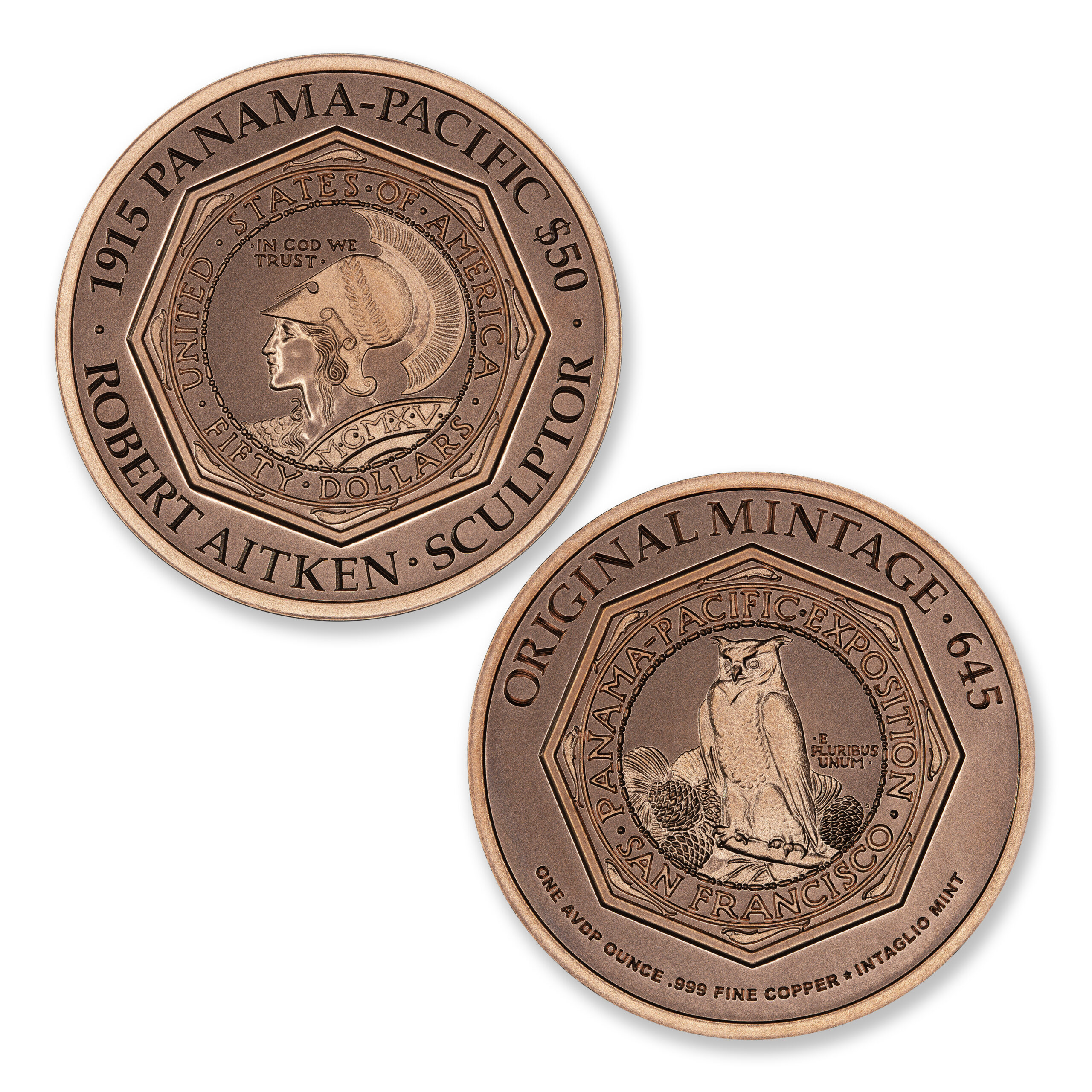 ICONS OF COINAGE SERIES – 1915 PANAMA-PACIFIC $50 OCTAGONAL TRIBUTE – 1OZ .999 FINE COPPER – 39MM-CU