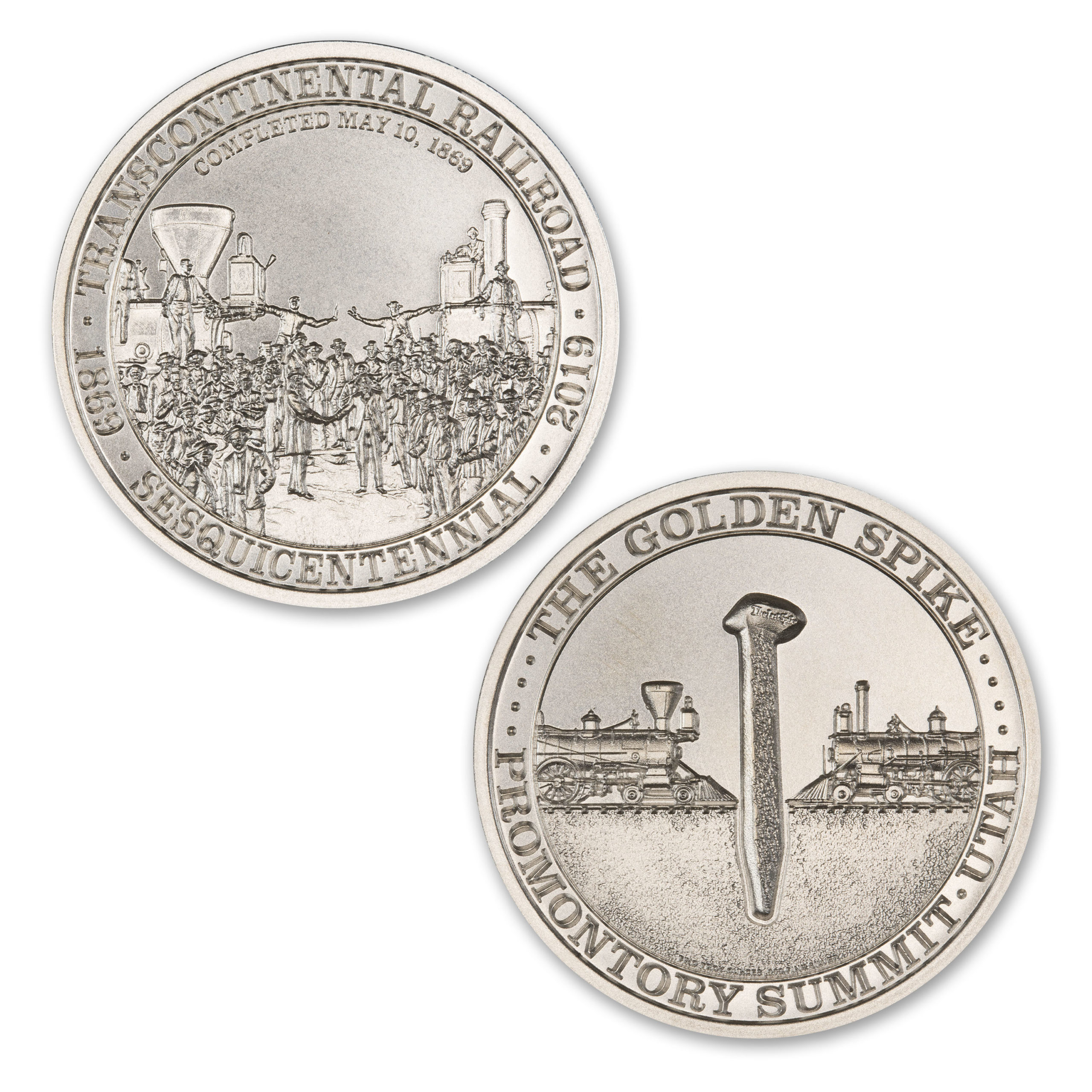 TRANSCONTINENTAL RAILROAD – THE GOLDEN SPIKE – 2 TROY OUNCE – 39MM